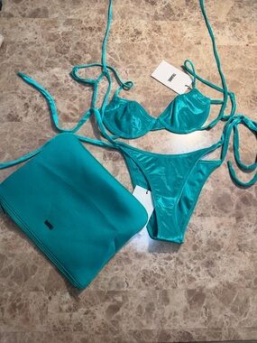 triangl swimwear Turquoise Shimmer Tie-String Bikini with Matching Cover